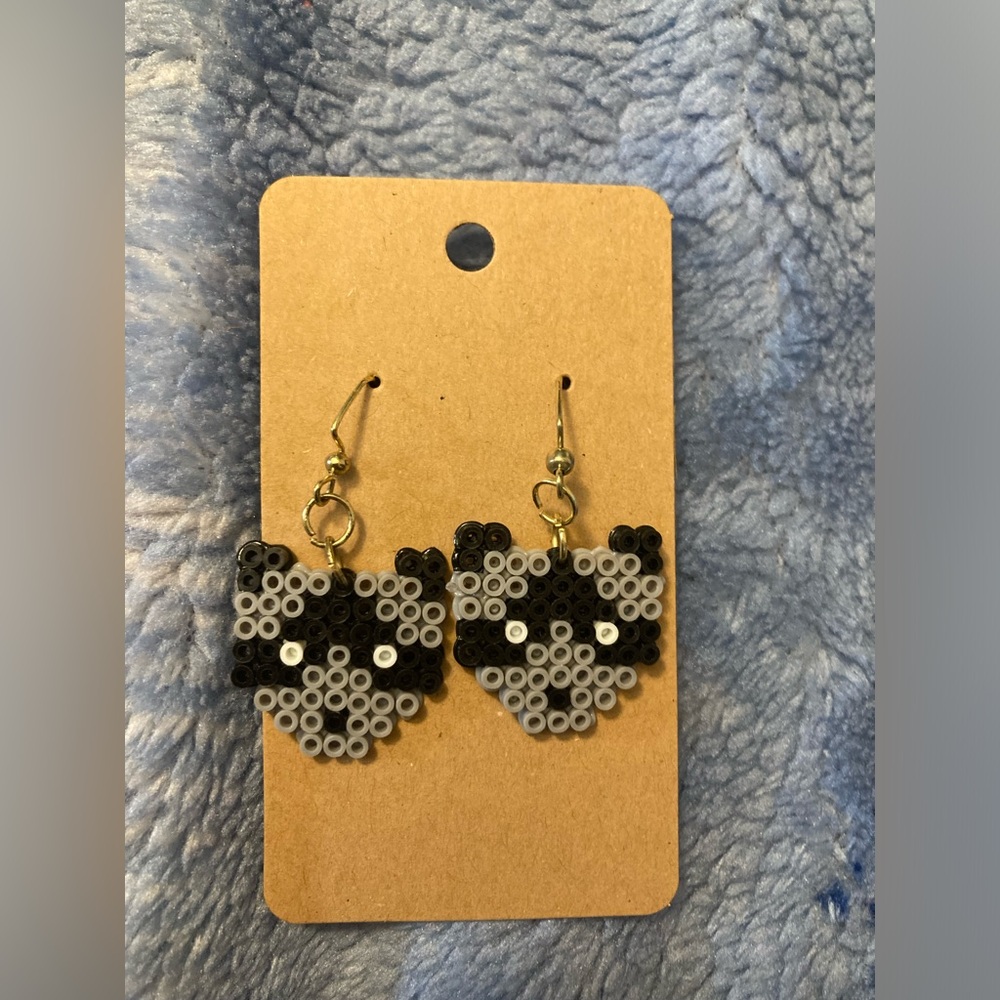 Handmade perler bead raccoon earrings